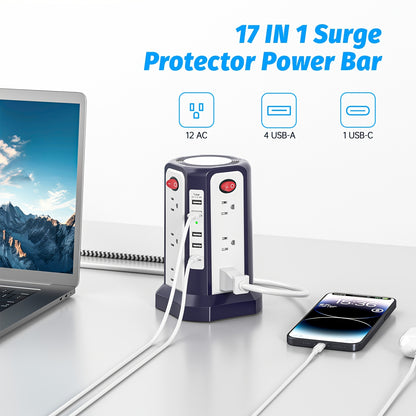 Level 4 Upgraded New Product Flat Plug 16 AC Outlets Power Strip Tower with USB/USB C Port, Surge Protector Power Tower with 5 USB Charging Ports, Extension Cord Desktop Power Strip