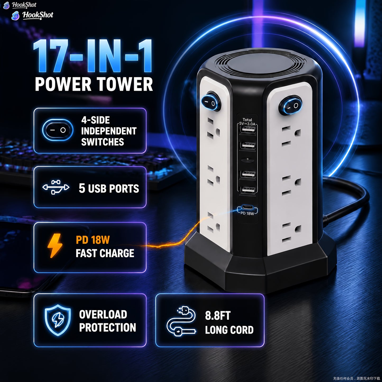 Level 4 Upgraded New Product Flat Plug 16 AC Outlets Power Strip Tower with USB/USB C Port, Surge Protector Power Tower with 5 USB Charging Ports, Extension Cord Desktop Power Strip