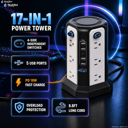 Level 4 Upgraded New Product Flat Plug 16 AC Outlets Power Strip Tower with USB/USB C Port, Surge Protector Power Tower with 5 USB Charging Ports, Extension Cord Desktop Power Strip