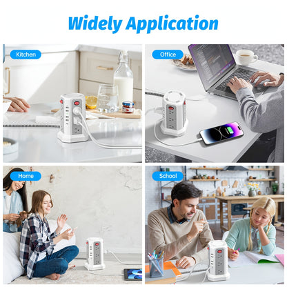 Level 4 Upgraded New Product Flat Plug 16 AC Outlets Power Strip Tower with USB/USB C Port, Surge Protector Power Tower with 5 USB Charging Ports, Extension Cord Desktop Power Strip
