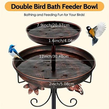 42 Inch Heavy-duty Metal Double-layer Bird Bath Tub -7.9 Feet Plus 12 Inches Double-layer Large Capacity Water Collection Feeding Basin, 5-claw Stable Base, Durable, Courtyard Decoration, Easy to Install And Clean, Multifunctional Bird Feeder