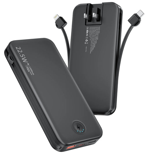 Portable Charger for iPhone Built in Cables and Wall Plug,12000mAh Slim Fast Charging USB C Power Bank,Travel Essential